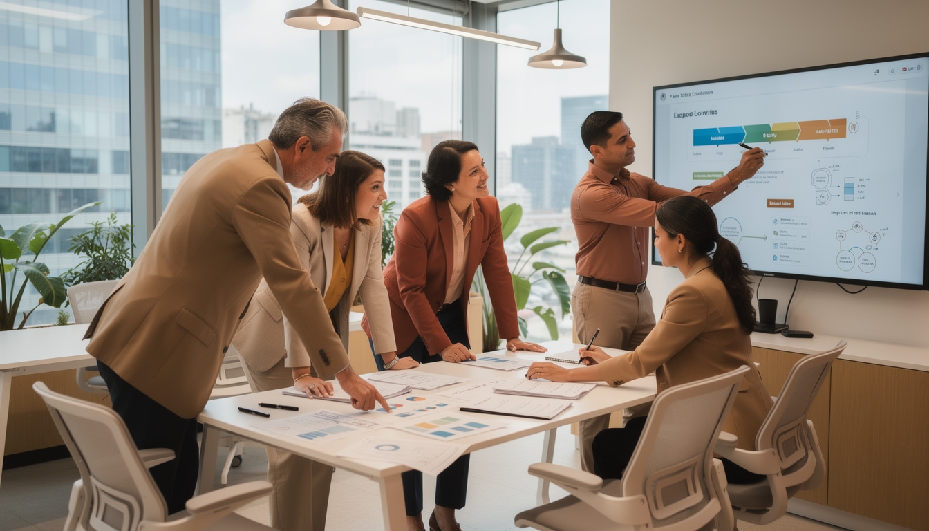 Equipo diverso colaborando en proyecto de innovación